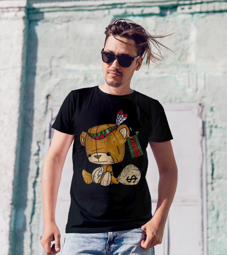 Native American Bear Hustle Spirit With Money Bag And Feathers T-Shirt