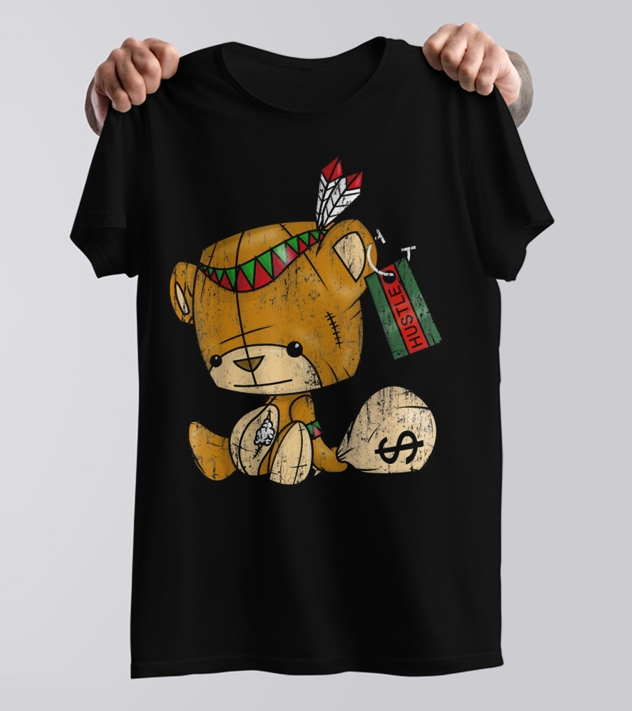 Native American Bear Hustle Spirit With Money Bag And Feathers T-Shirt