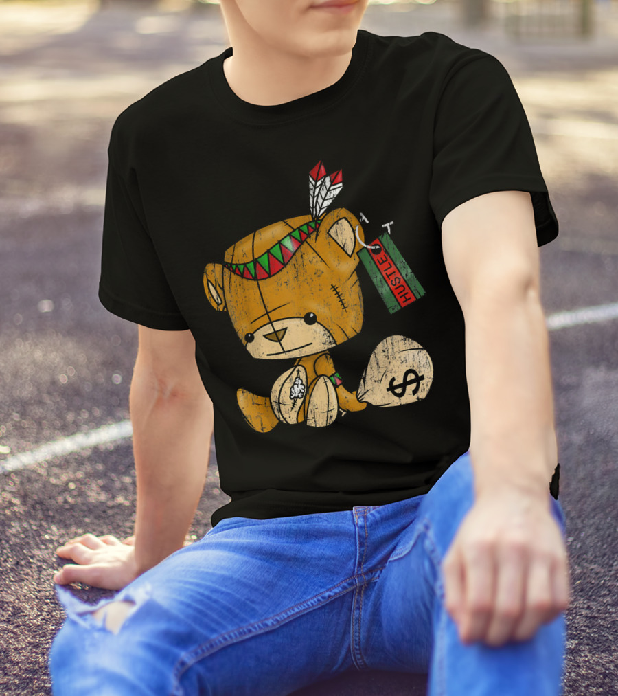 Native American Bear Hustle Spirit With Money Bag And Feathers T-Shirt