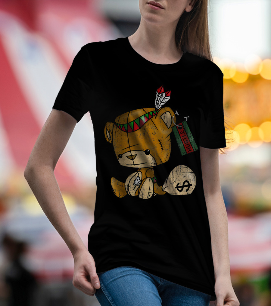Native American Bear Hustle Spirit With Money Bag And Feathers T-Shirt