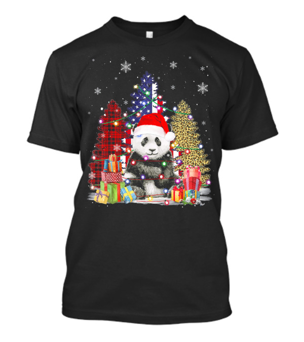 Panda Santa Hat Christmas USA Flag Christmas Trees Gifts T-Shirt