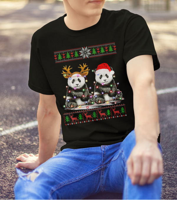Panda Holiday With Santa Hat Reindeer Antlers Lights Christmas Trees Snowflakes T-Shirt