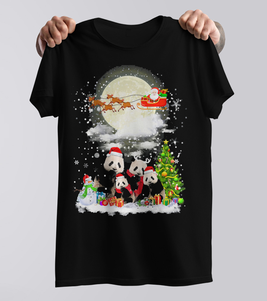 Panda Christmas Santa Sleigh With Reindeer And Festive Tree T-Shirt