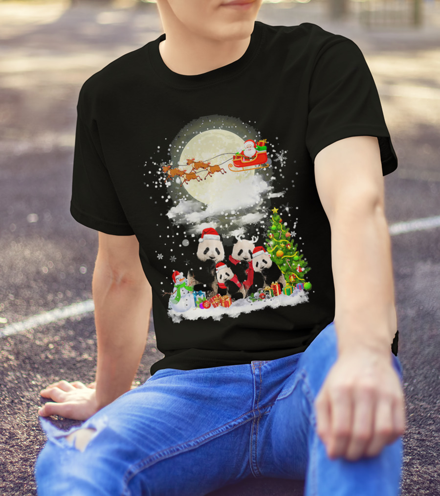 Panda Christmas Santa Sleigh With Reindeer And Festive Tree T-Shirt