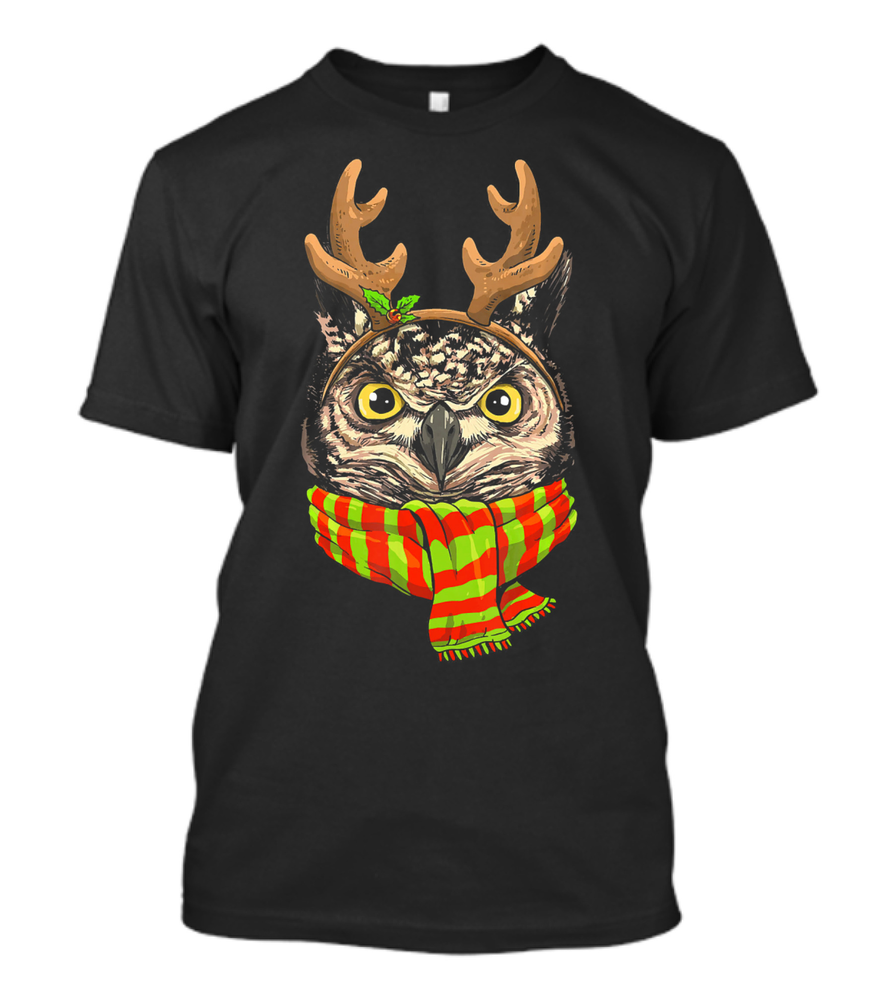 Owl With Reindeer Antlers And Christmas Scarf T-Shirt