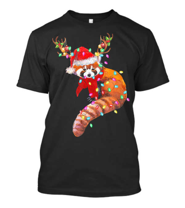 Red Panda Santa Hat Antlers Christmas Lights T-Shirt