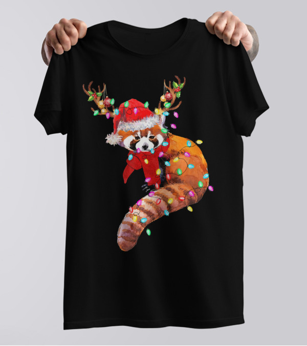 Red Panda Santa Hat Antlers Christmas Lights T-Shirt