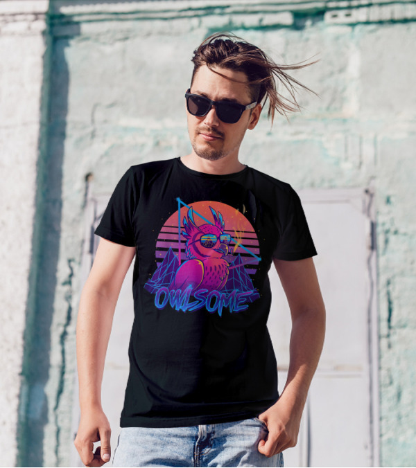 Owlsome Owl Retrowave 80s Awesome Bird With Sunglasses And Neon Sunset T-Shirt