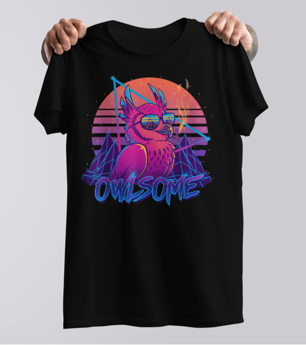Owlsome Owl Retrowave 80s Awesome Bird With Sunglasses And Neon Sunset T-Shirt