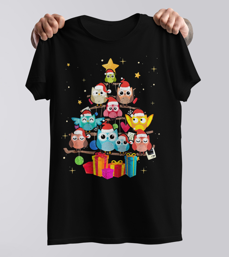 Owl Christmas Tree With Santa Hats And Gifts T-Shirt