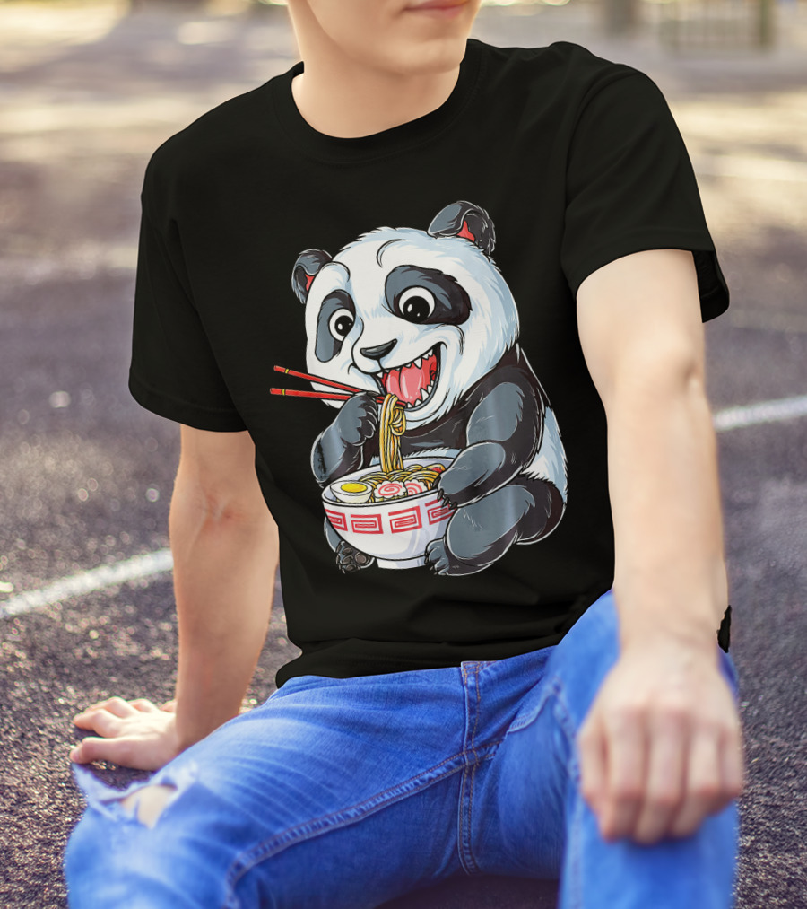 Panda Eating Ramen Kawaii Giant Noodles T-Shirt
