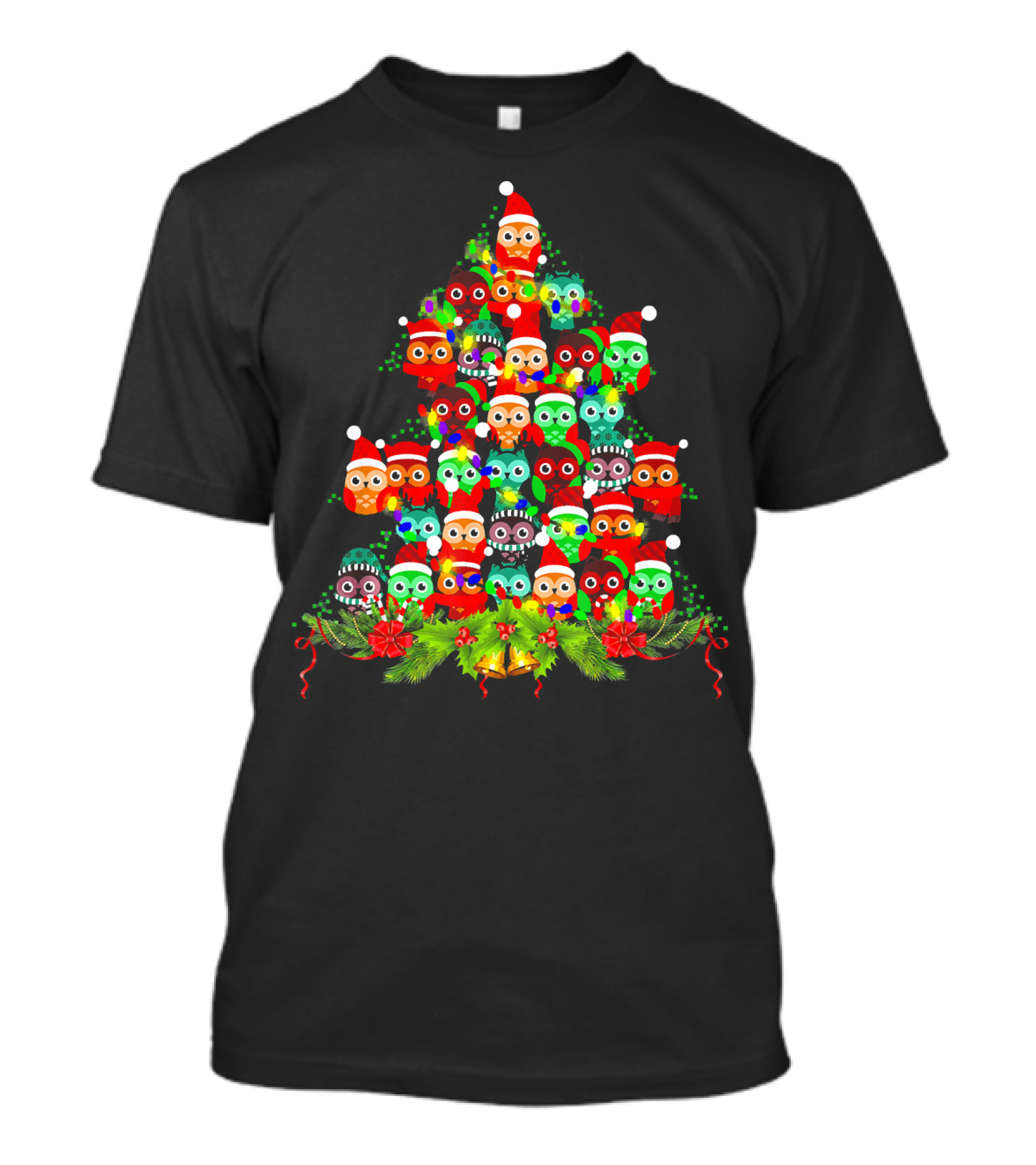 Christmas Owls In Santa Hats Forming A Festive Tree With Lights And Bells T-Shirt