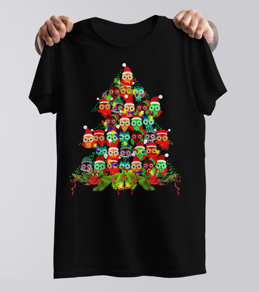 Christmas Owls In Santa Hats Forming A Festive Tree With Lights And Bells T-Shirt