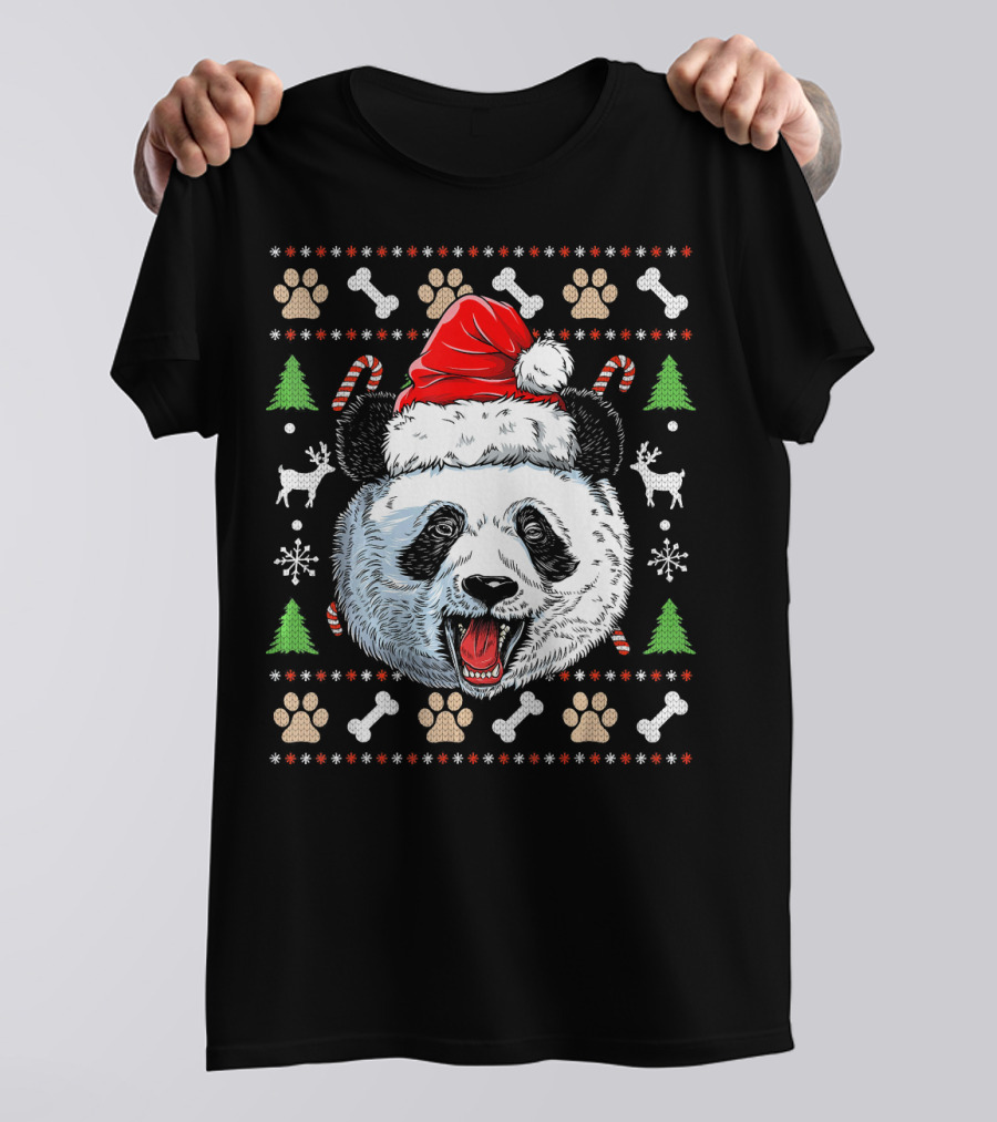 Panda Santa Hat Christmas Ugly Sweater Pattern Candies Reindeer Trees T-Shirt