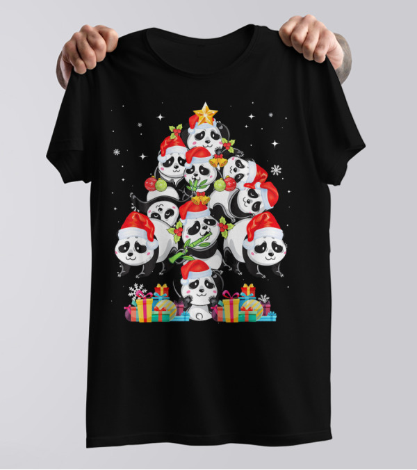 Panda Christmas Tree Lights Santa Hat Present Stacked Pandas T-Shirt