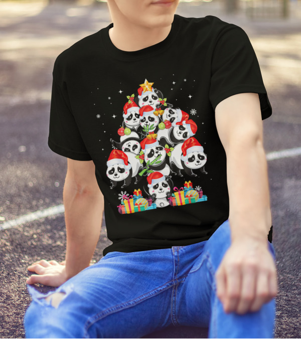 Panda Christmas Tree Lights Santa Hat Present Stacked Pandas T-Shirt