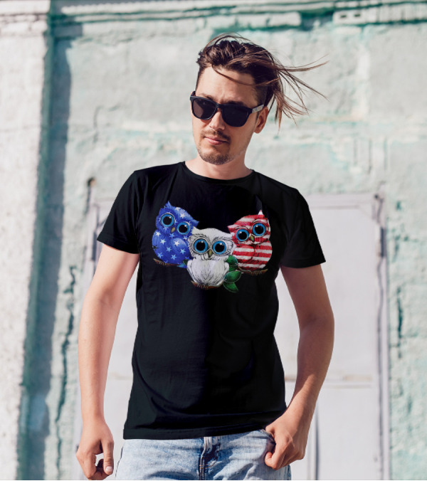 Owl Blue White Red Flag Stars Stripes Ladies 4th Of July T-Shirt