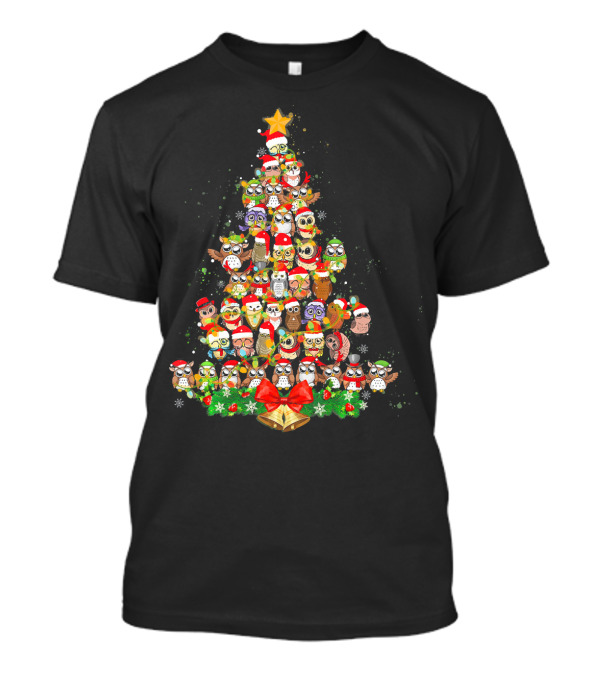 Owl Christmas Tree Costume For Owl Lover With Santa Hats And Star Topper T-Shirt