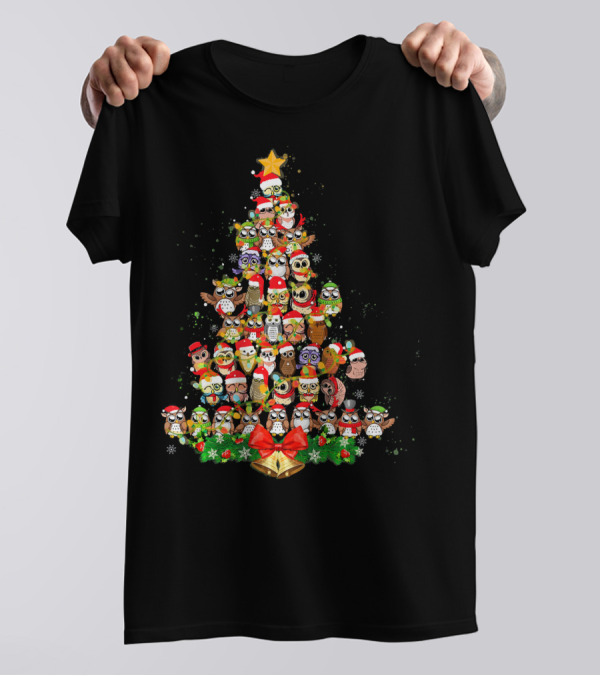 Owl Christmas Tree Costume For Owl Lover With Santa Hats And Star Topper T-Shirt