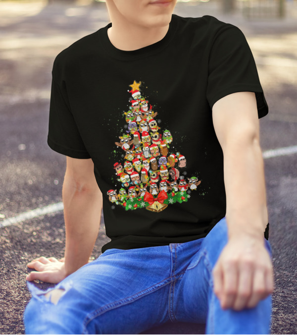 Owl Christmas Tree Costume For Owl Lover With Santa Hats And Star Topper T-Shirt