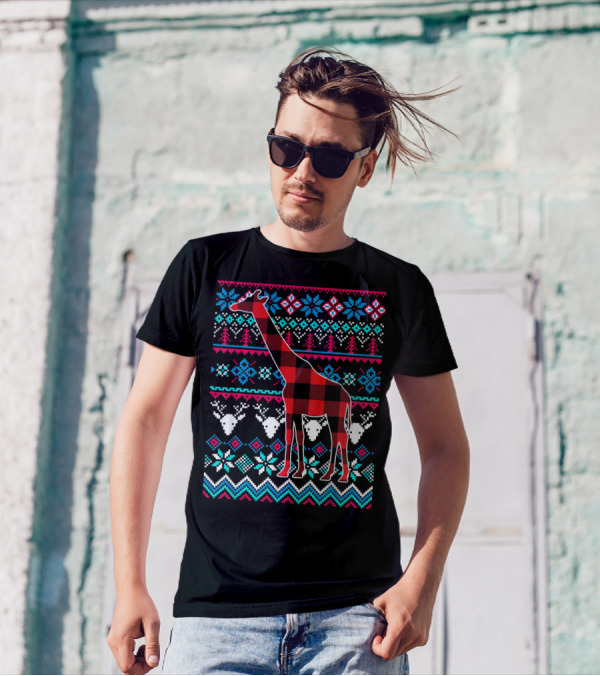 Red Plaid Giraffe Funny Merry Ugly Christmas T-Shirt