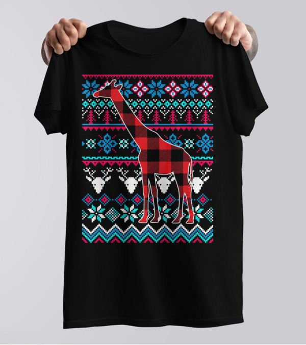 Red Plaid Giraffe Funny Merry Ugly Christmas T-Shirt