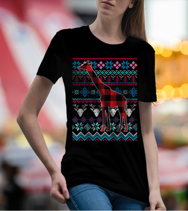 Red Plaid Giraffe Funny Merry Ugly Christmas T-Shirt