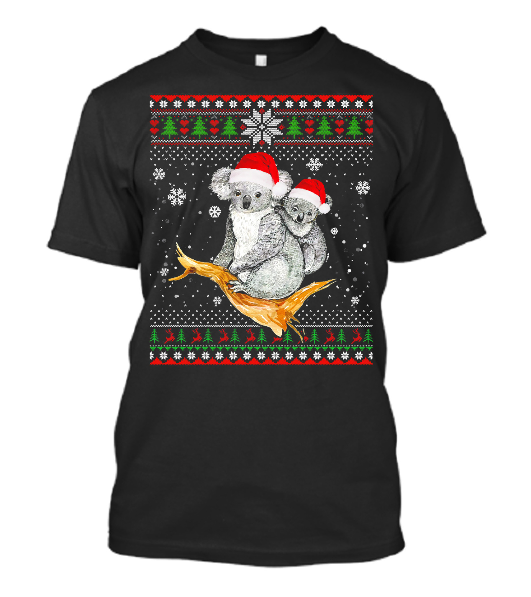 Merry Christmas Koala Santa Hat Christmas Trees And Snowflakes T-Shirt