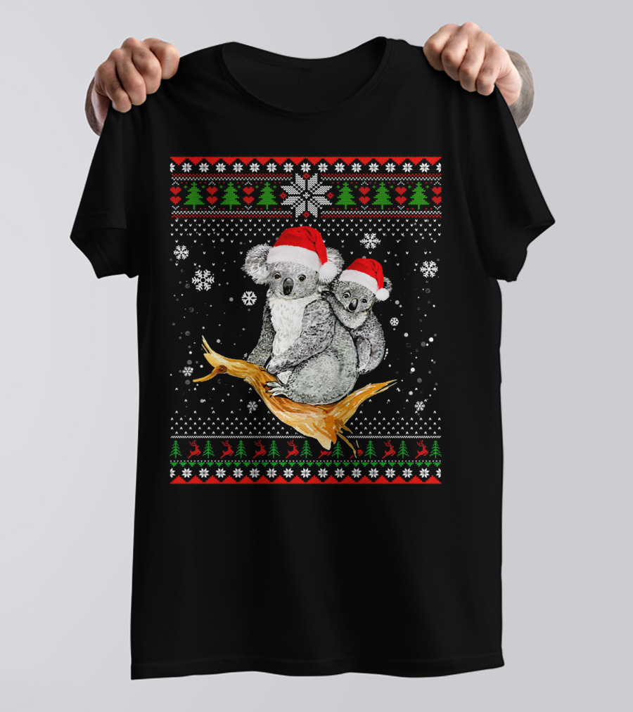 Merry Christmas Koala Santa Hat Christmas Trees And Snowflakes T-Shirt