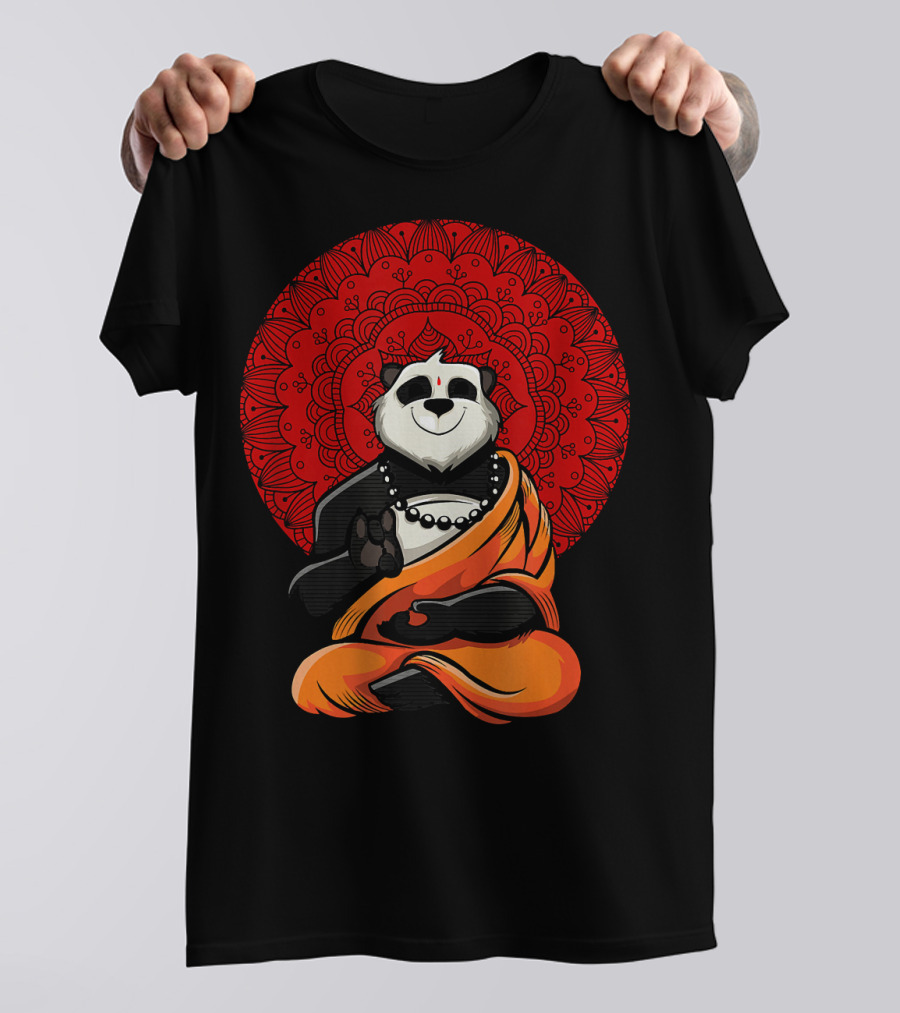 Panda Bear Buddha Zen Meditation With Red Mandala Background T-Shirt