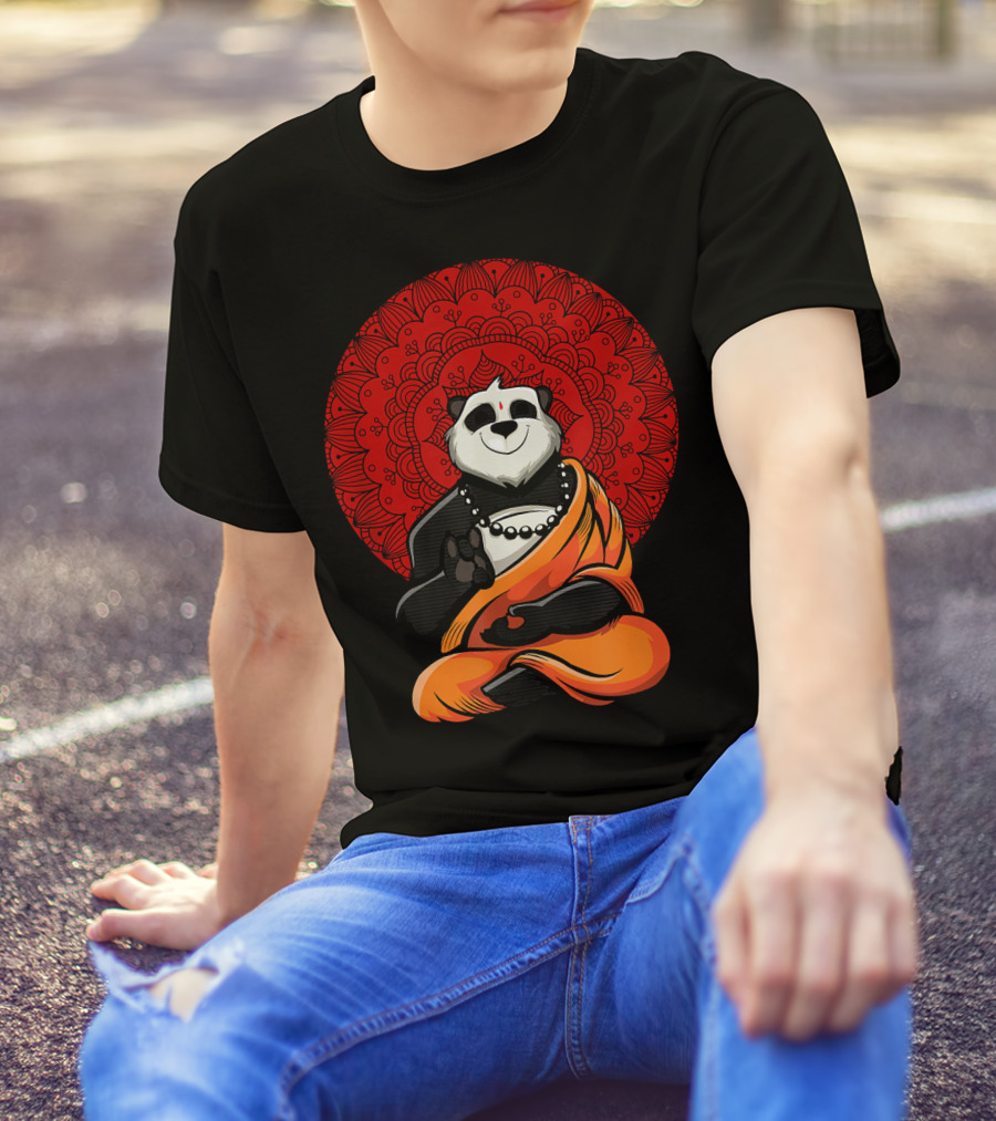 Panda Bear Buddha Zen Meditation With Red Mandala Background T-Shirt