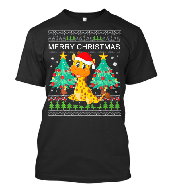 Merry Christmas Giraffe Funny Ugly Christmas Sweater Santa Hat Trees T-Shirt