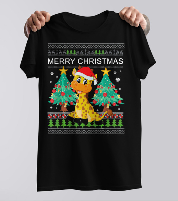 Merry Christmas Giraffe Funny Ugly Christmas Sweater Santa Hat Trees T-Shirt