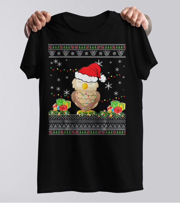 Owl Ugly Christmas Funny Light Holiday Gifts Snowflakes Festive T-Shirt