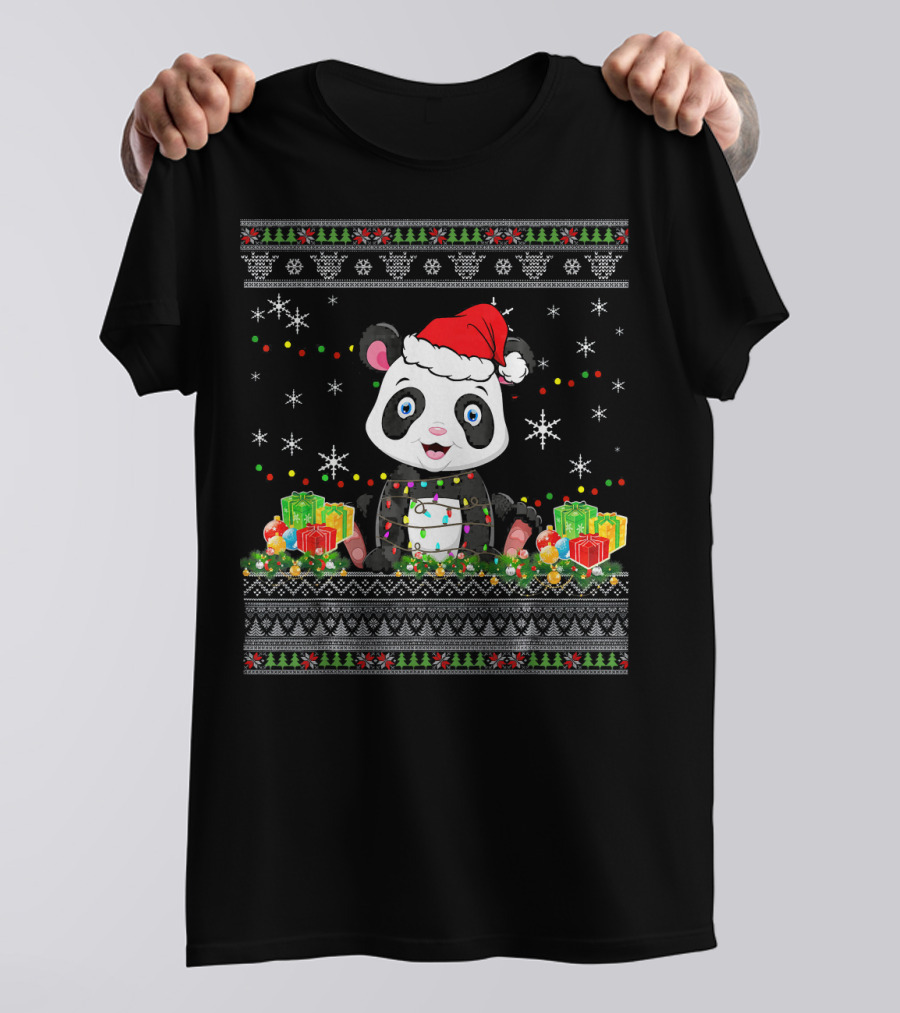 Panda Bear In Santa Hat With Christmas Lights And Gifts T-Shirt