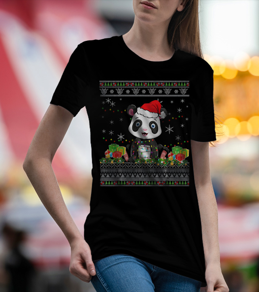 Panda Bear In Santa Hat With Christmas Lights And Gifts T-Shirt
