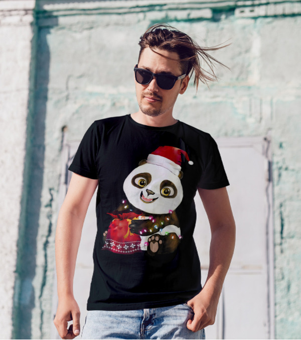 Panda Christmas Tree Lights Costume Santa Hat T-Shirt
