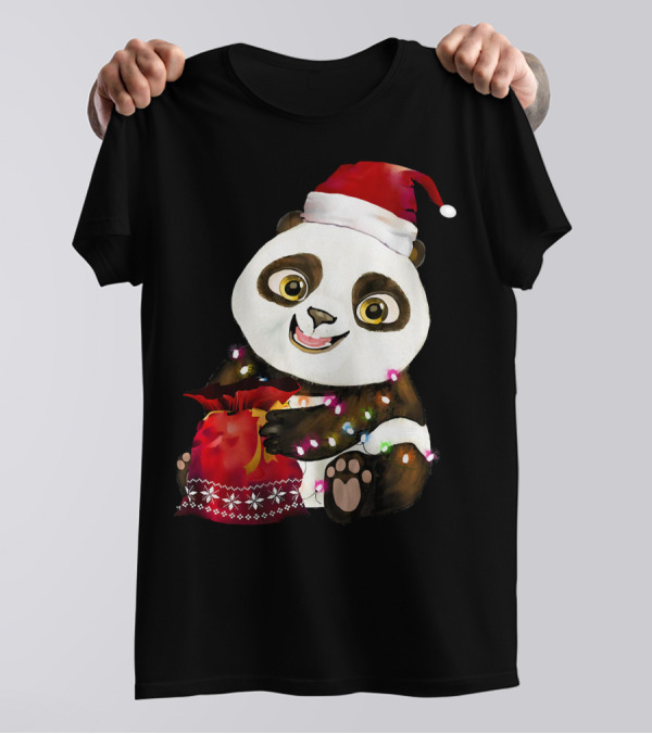 Panda Christmas Tree Lights Costume Santa Hat T-Shirt