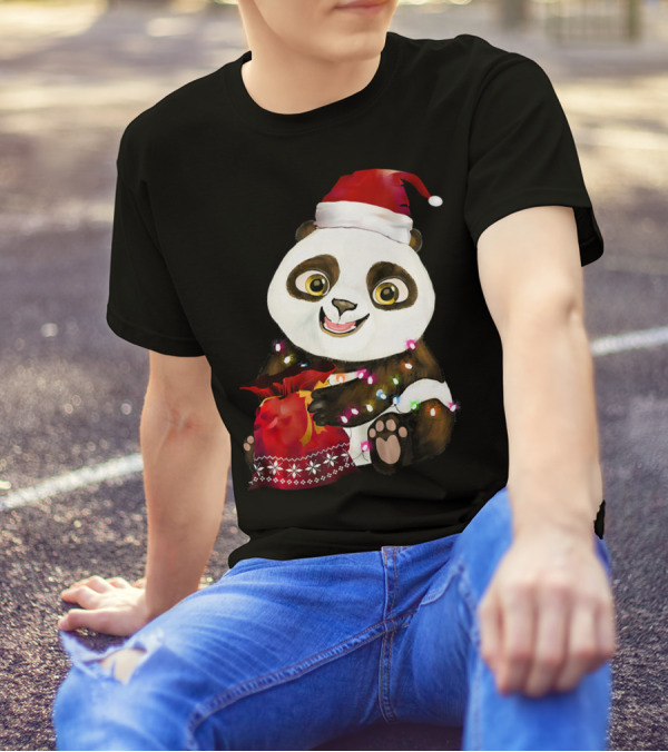 Panda Christmas Tree Lights Costume Santa Hat T-Shirt