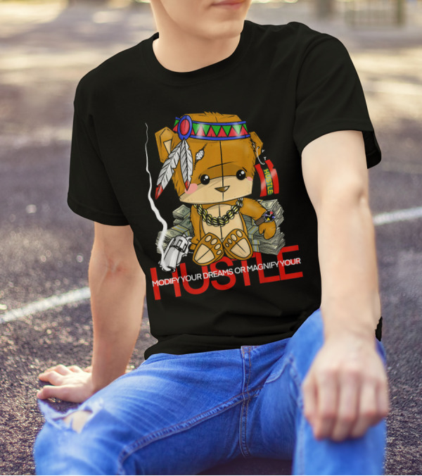Modify Your Dreams Or Magnify Your Hustle Teddy Bear With Feathers, Headphones, Smoke, And Money Stacks T-Shirt
