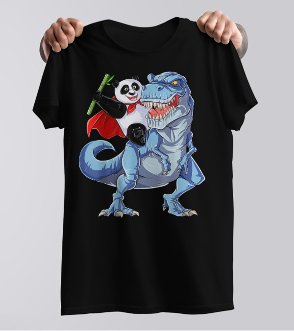 Panda Superhero Riding Tyrannosaurus Rex T-Shirt