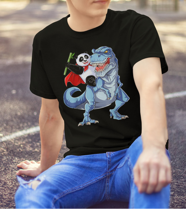 Panda Superhero Riding Tyrannosaurus Rex T-Shirt