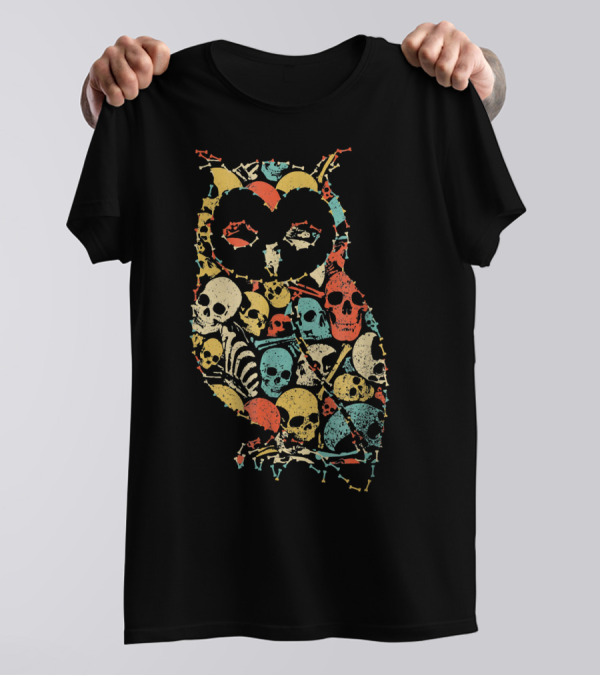 Owl Halloween Skeleton Skull Vintage Retro Multicolor T-Shirt