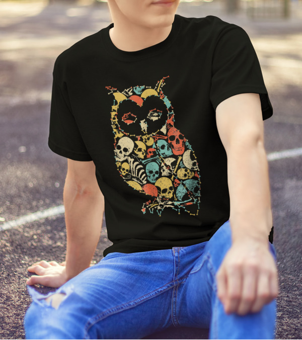 Owl Halloween Skeleton Skull Vintage Retro Multicolor T-Shirt