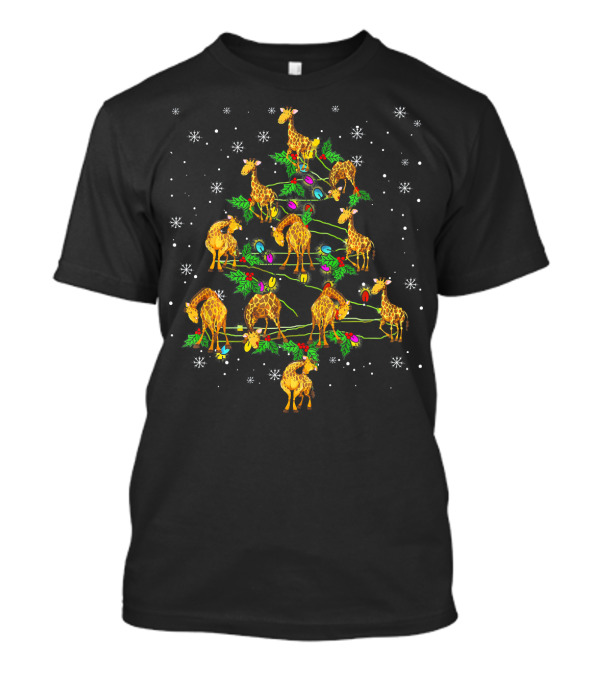 Merry Christmas Giraffe Christmas Tree Lights And Snowflakes T-Shirt