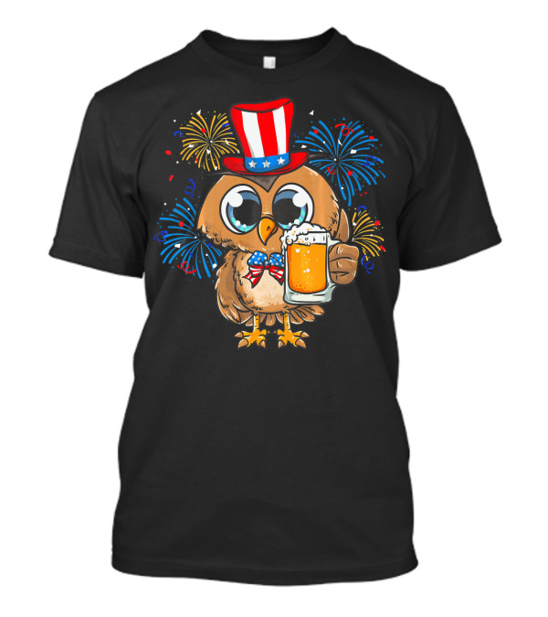 Patriotic Owl USA Flag Bow Tie Fireworks Hat Beer T-Shirt
