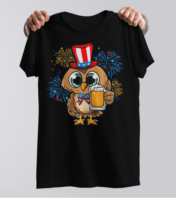 Patriotic Owl USA Flag Bow Tie Fireworks Hat Beer T-Shirt