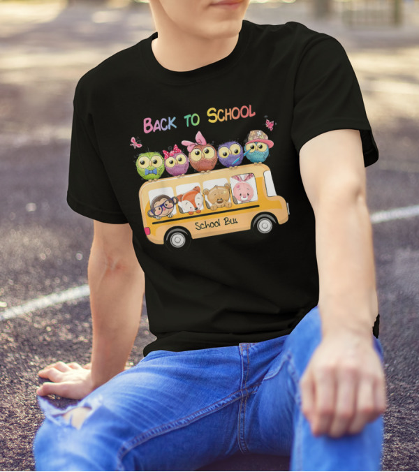 Back To School Bus Owl Lover With Cute Animals And Accessories T-Shirt