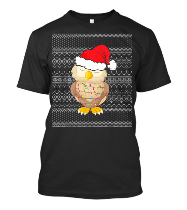 Owl Santa Hat With Festive Christmas Lights And Winter T-Shirt