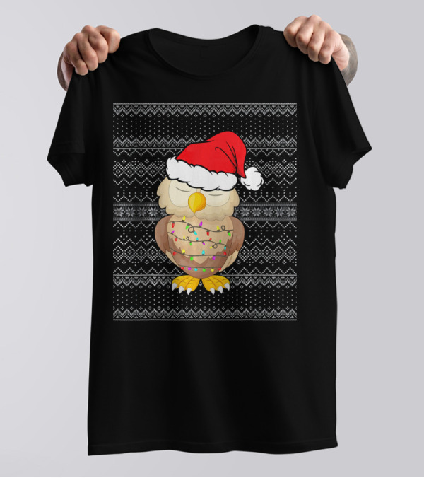 Owl Santa Hat With Festive Christmas Lights And Winter T-Shirt